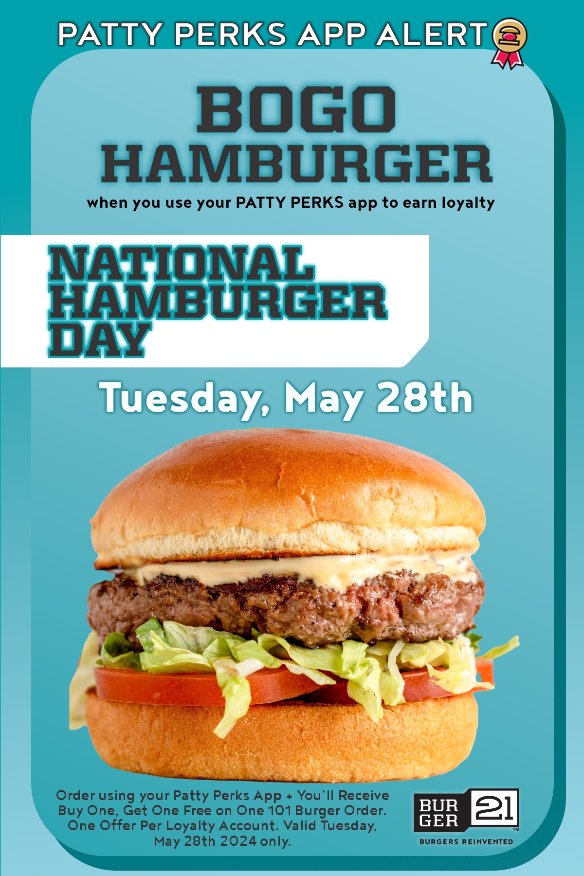 BOGO Hamburger for National Hamburger Day when you Use your Patty Perks App To Earn Loyalty